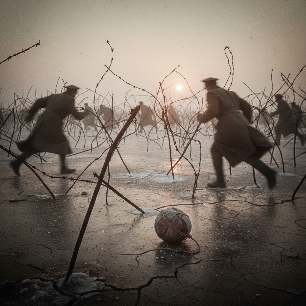 A blurred, high-energy shot of soldiers in greatcoats chasing a makeshift ball through a forest of rusted barbed-wire pi