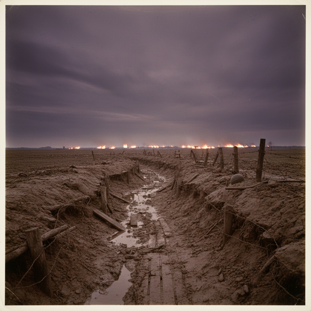 A wide shot of a desolate, mud-clogged trench in the Ypres Salient under a bruised purple sky, the horizon flickering wi