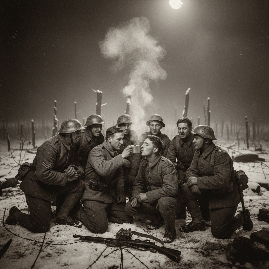 British and German soldiers huddled together in the center of no-man’s-land, sharing a single flask of whiskey, their br