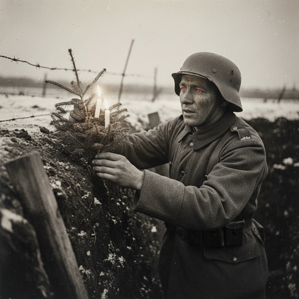A German soldier placing a small, candle-lit Christmas tree on the edge of a trench, the soft yellow glow reflecting in 