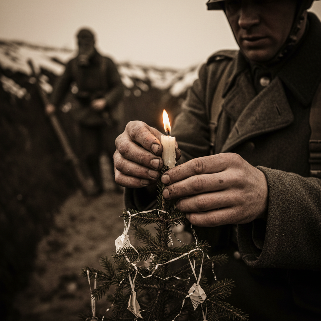 A close-up of a German soldier’s hands as he lights a small tallow candle on a miniature fir tree, the flickering yellow