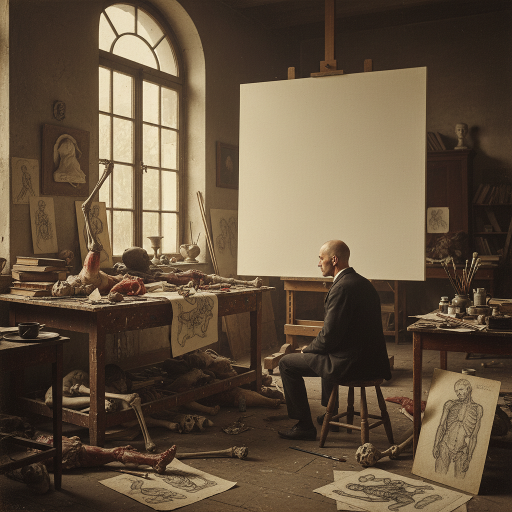 Inside Géricault’s studio, the artist sits among severed limbs and sketches of corpses, his head shaved, staring at a ma