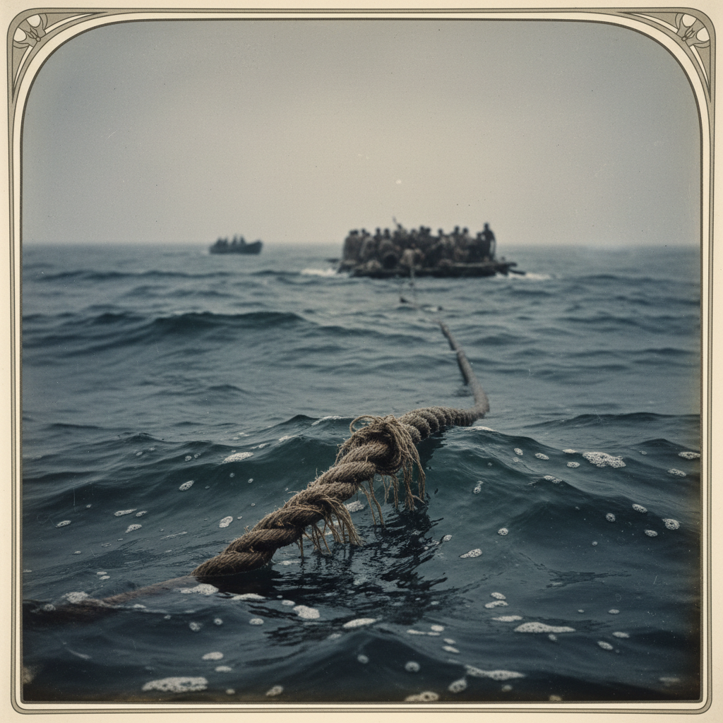 A close-up of the severed towline bobbing in the water as the lifeboats vanish into a distant mist, leaving the crowded 