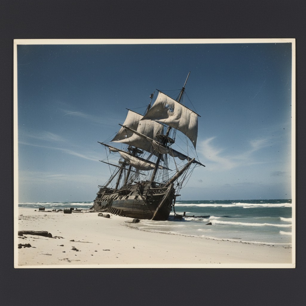 A wide shot of the Medusa frigate tilted on the Bank of Arguin, its sails fluttering uselessly against a stark, punishin