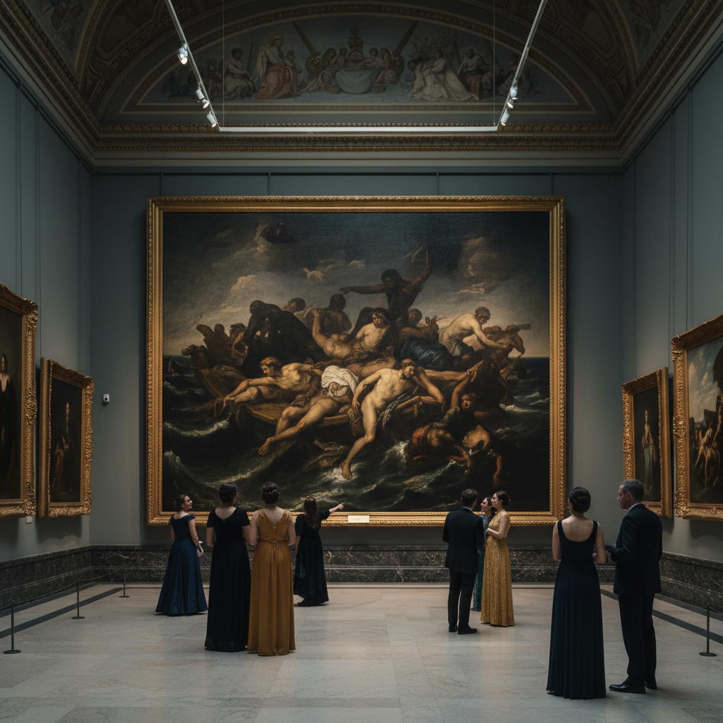 The completed painting, The Raft of the Medusa, hanging in a grand gallery, its dark, turbulent energy dwarfing the eleg