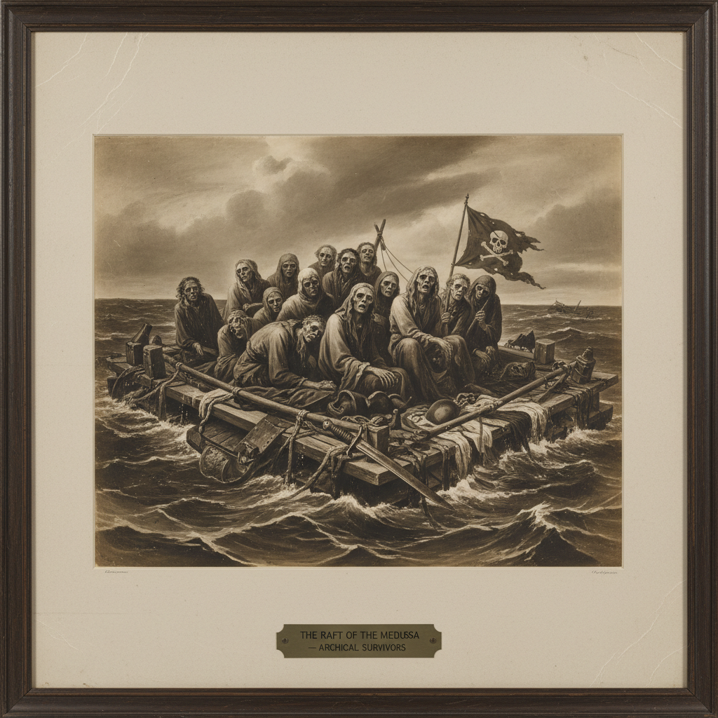 A haunting view of the survivors huddled on the raft, their faces gaunt and skeletal, surrounded by the discarded remnan