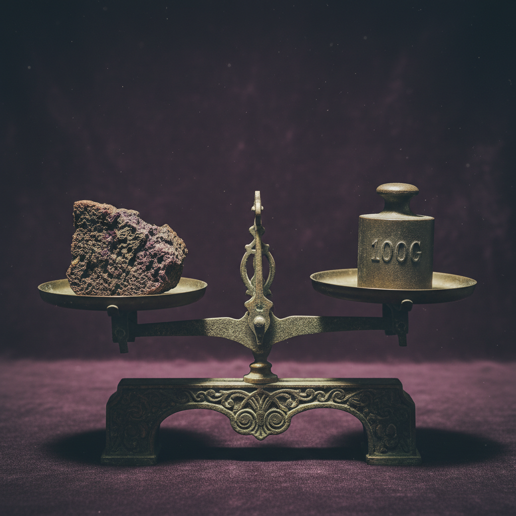 A close-up of a pair of vintage brass scales, one side holding a tiny, jagged piece of dark, adulterated bread, the othe