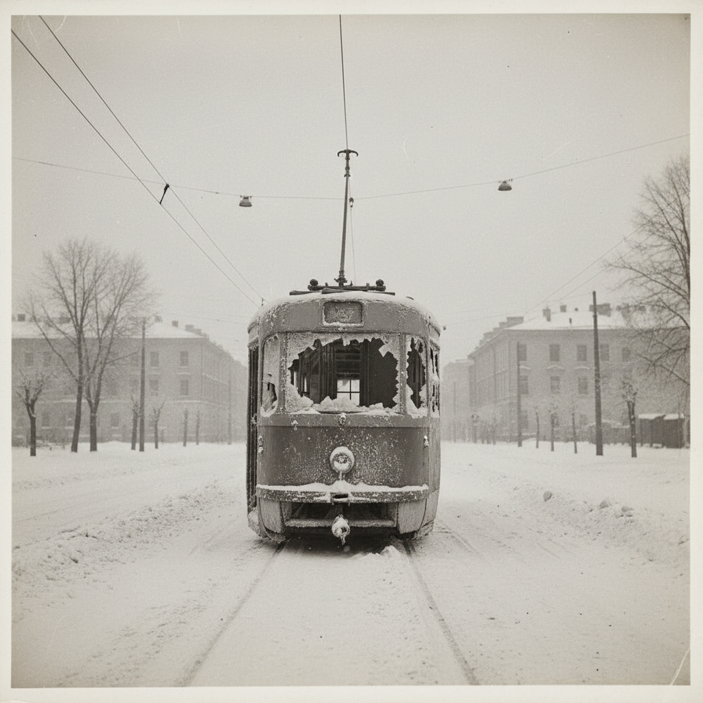 A desolate, snow-covered street in Leningrad with a frozen trolley car abandoned in the middle of the frame, its windows