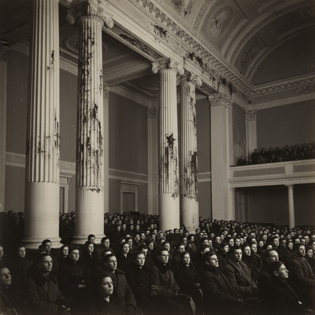 The interior of the Leningrad Philharmonia, the grand white columns scarred by damp, the audience a sea of dark coats an