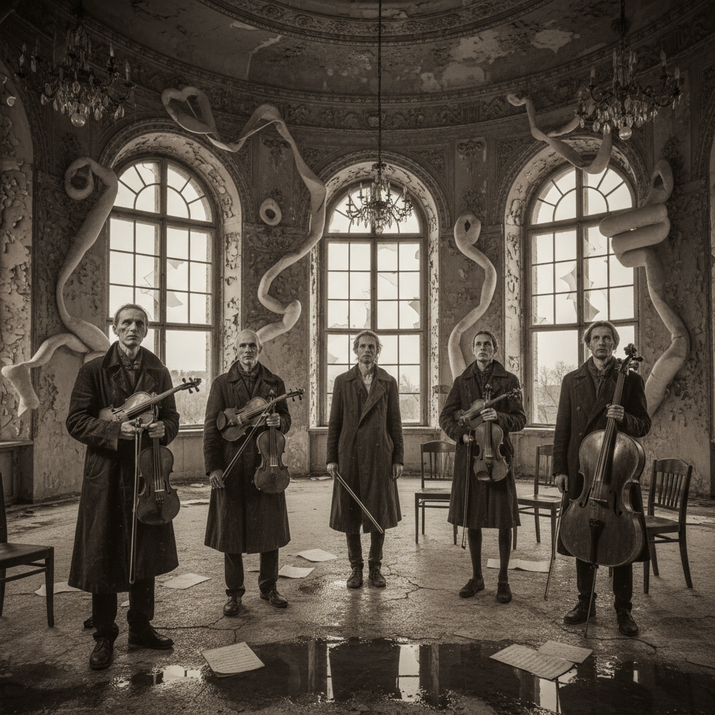 A group of gaunt musicians in heavy overcoats, holding violins and cellos, standing in a grand, crumbling rehearsal hall