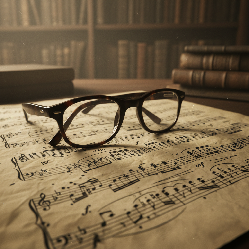 A close-up of a musical score, the hand-written notes crowded and frantic, with a pair of thick, horn-rimmed glasses res