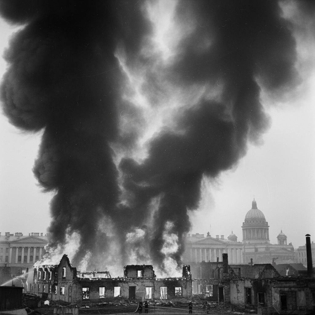 A black and white photograph of the Badayev warehouses in flames, thick black smoke billowing over the neoclassical skyl