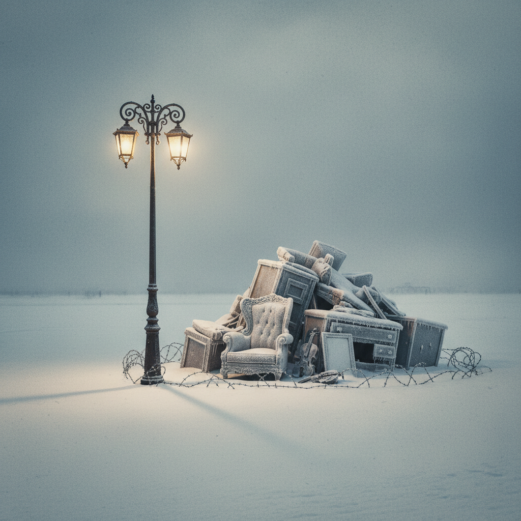 A desolate, snow-covered square where a single, ornate streetlamp stands lit against the gloom, casting a long, sharp sh