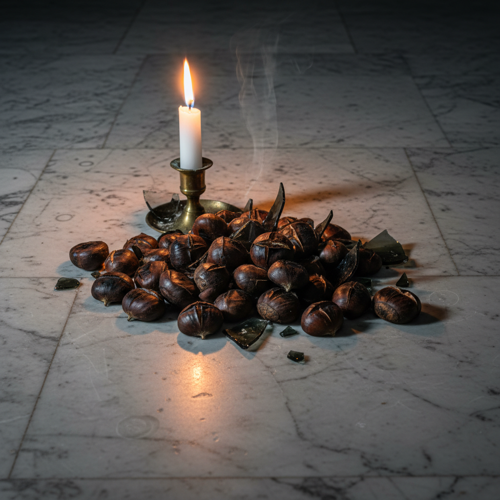 A heap of roasted chestnuts scattered across a cold marble floor, illuminated by a single flickering candle.