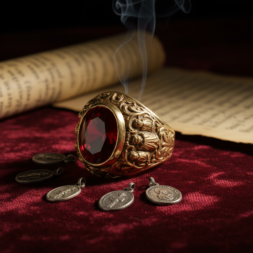 A close-up of a heavy gold papal ring resting on a velvet-covered table, the light catching the deep red of a ruby.