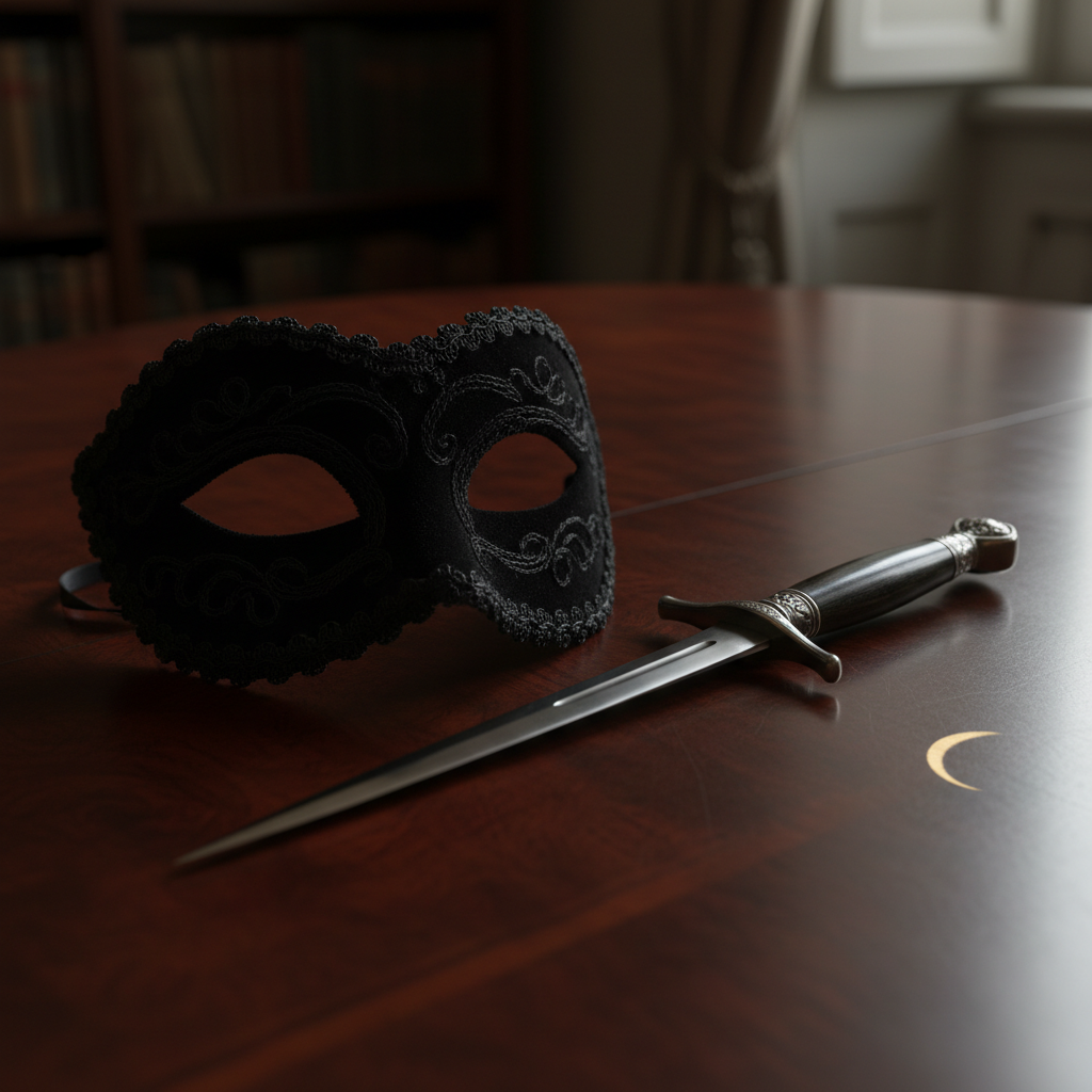 A black velvet mask lying on a polished wooden table next to a slender, sharp stiletto dagger, the blade catching a sliv
