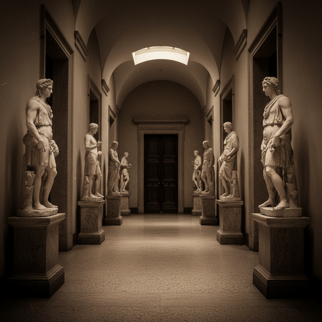 A dimly lit corridor in the Vatican, the walls lined with marble statues that seem to watch the shadows.