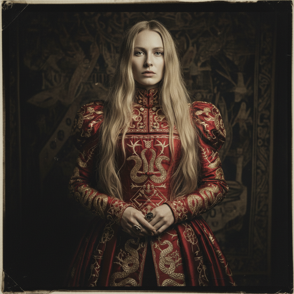 A portrait of a woman with golden hair, her expression unreadable and cold, her hands folded over a heavy silk gown stif