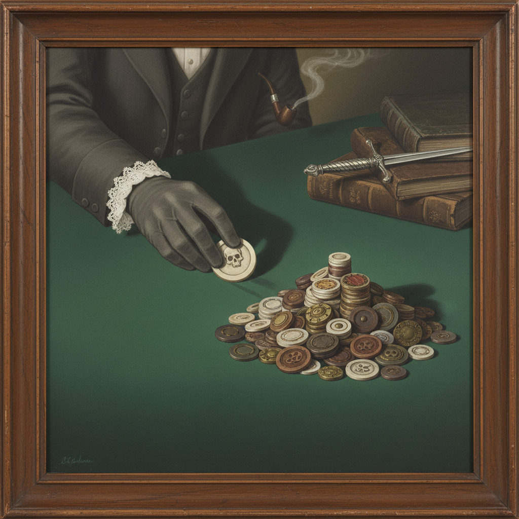 An illustration of a Victorian gentleman’s hand surreptitiously sliding a circular bone counter across a green felt surf