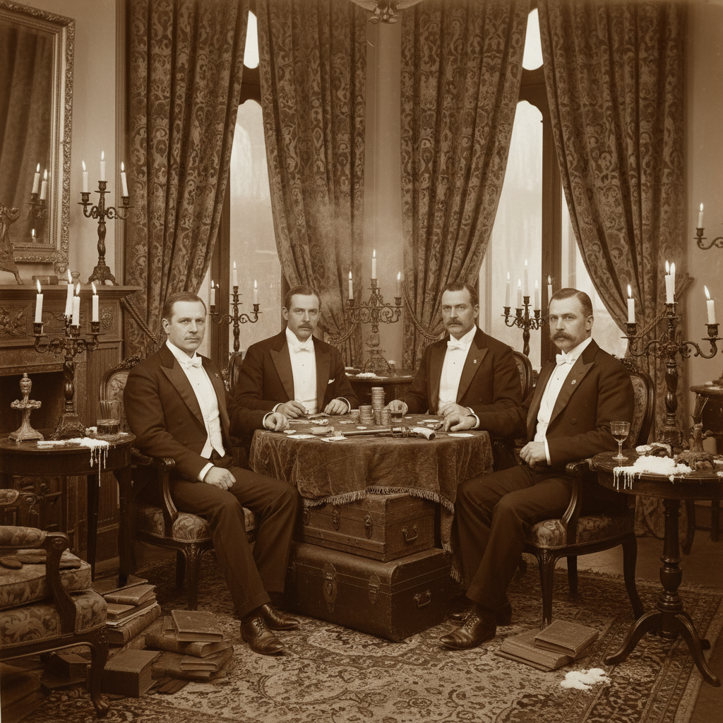 A sepia-toned photograph of a Victorian drawing room, cluttered with heavy velvet curtains, ornate candelabras, and a lo