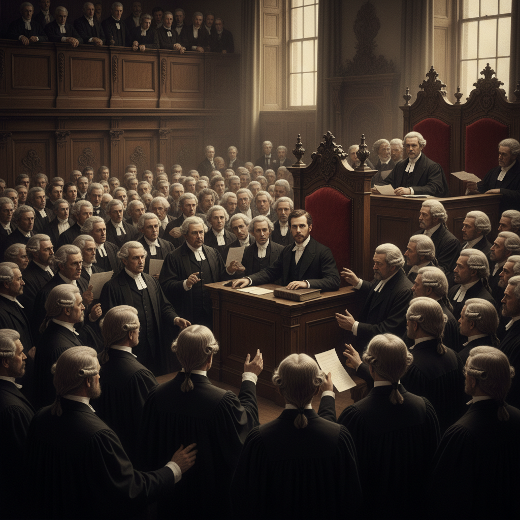 A crowded 19th-century courtroom scene with the Prince of Wales seated in a high-backed wooden witness box, surrounded b