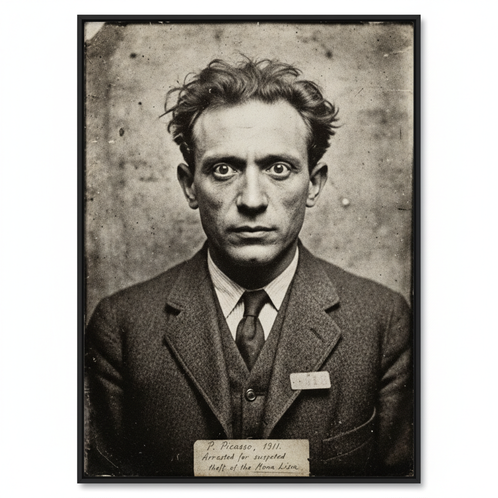 A grainy, high-contrast police photograph of Pablo Picasso from 1911, his eyes wide and haunting, capturing the era’s fr