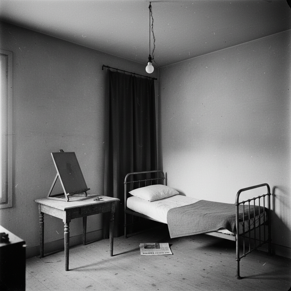 A black and white photograph of the modest, narrow room in the Hotel Tripoli-Italia where Peruggia stayed, showing the s