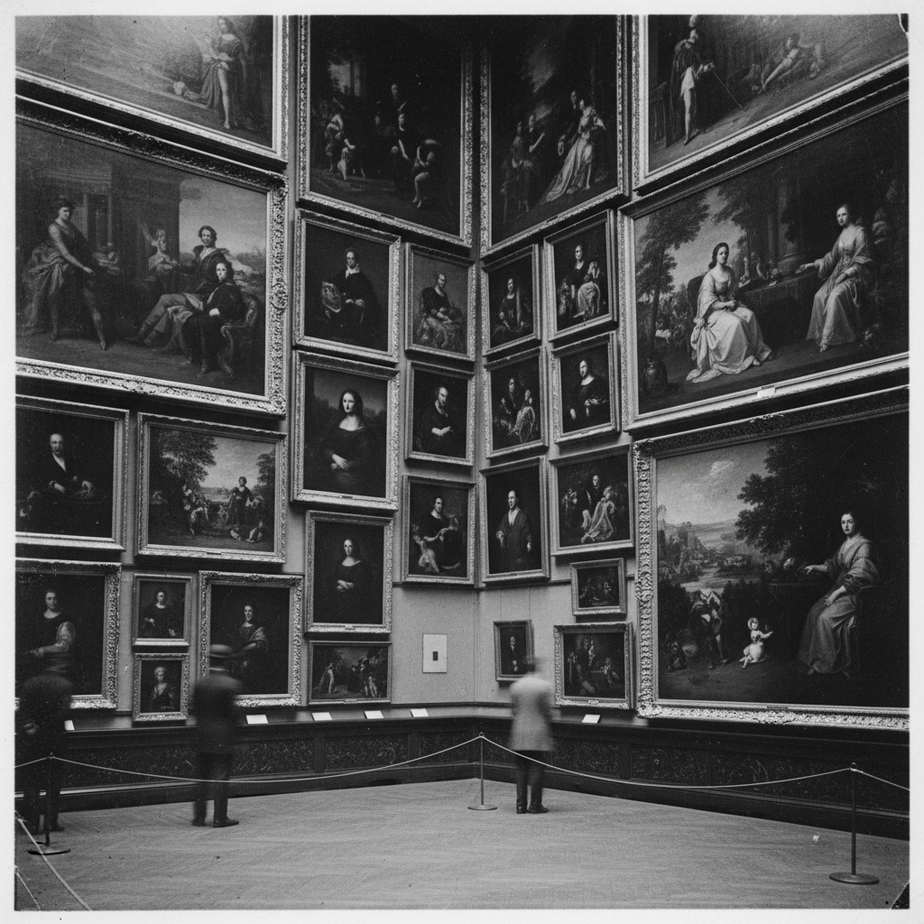 A grainy black and white photograph of the Salon Carré in 1911, showing the crowded walls and the small, unassuming spac