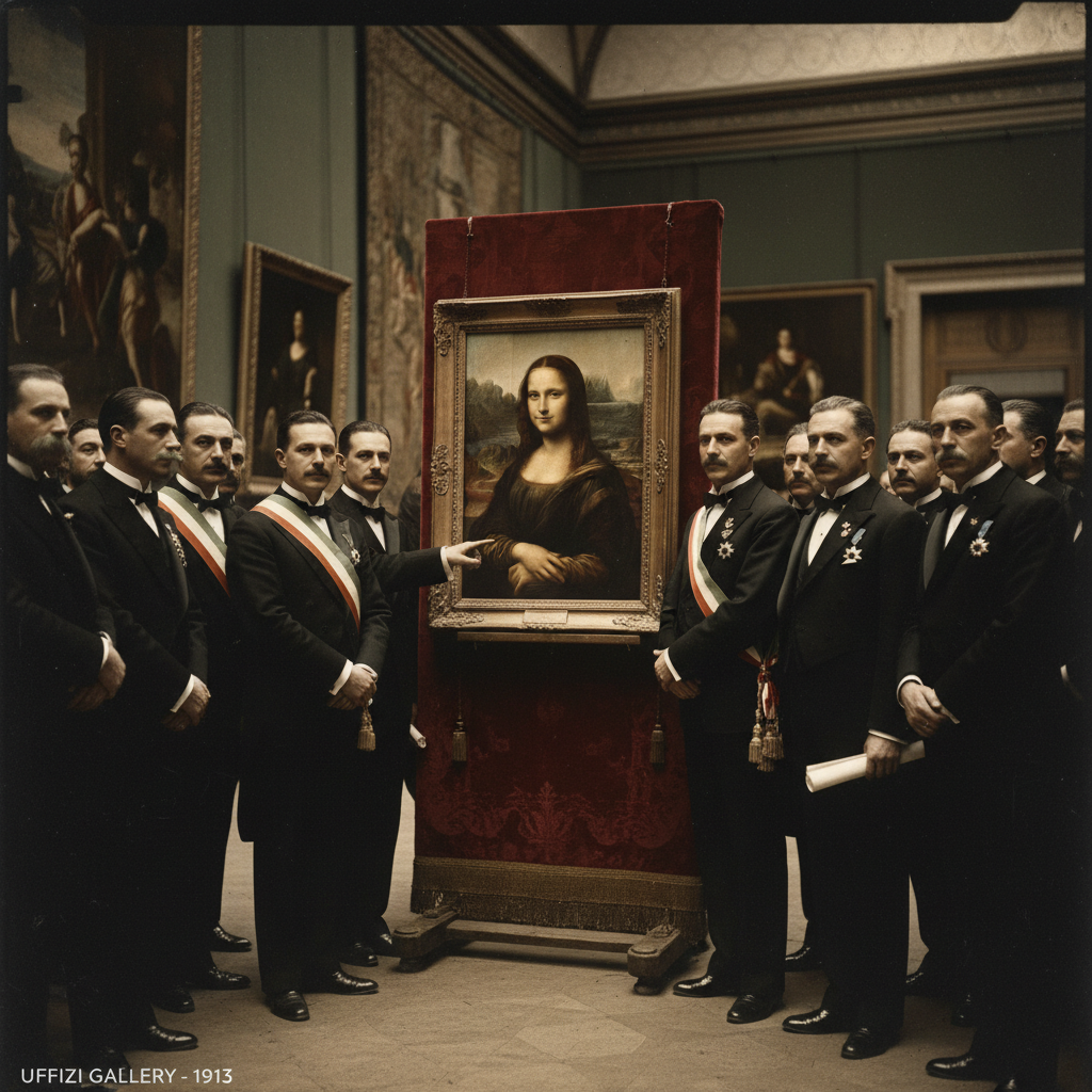 The Mona Lisa on a velvet-covered easel at the Uffizi Gallery in 1913, surrounded by Italian officials in formal dress, 
