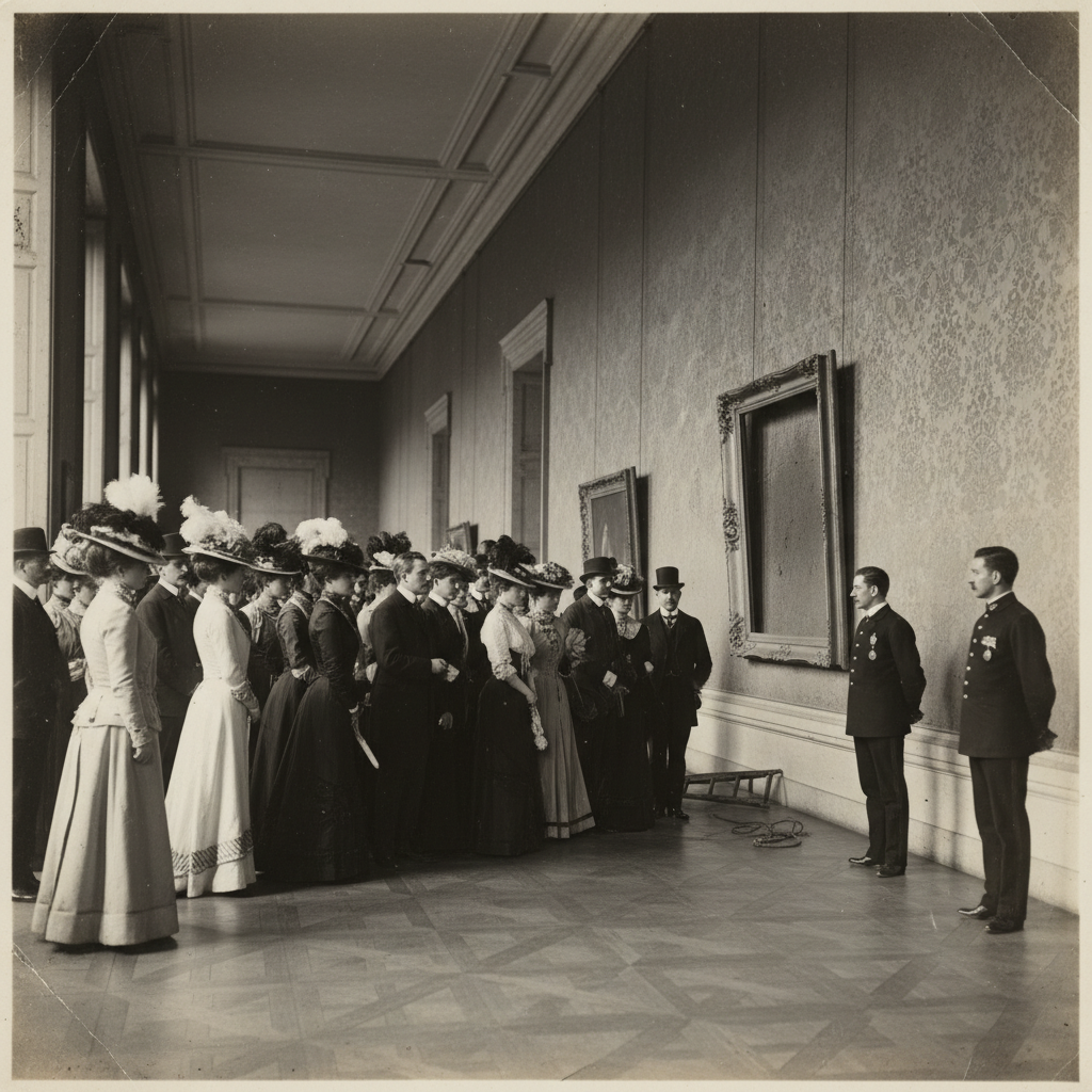 A crowd of Parisians in Edwardian dress standing solemnly in front of the empty wall in the Louvre, staring at the space