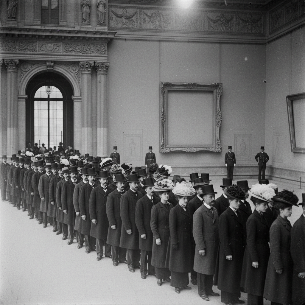 A massive crowd of Parisians in Edwardian hats and heavy overcoats, standing in a somber, silent line that snakes out of