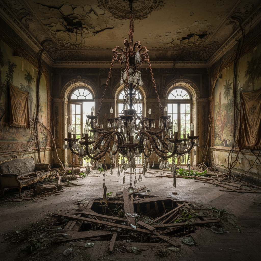 An ornate, decaying ballroom in a Manaus mansion, where a rusted crystal chandelier hangs precariously over a floor of r