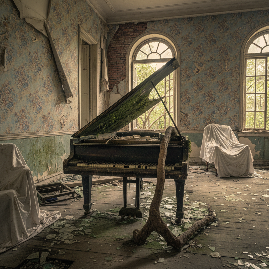 The interior of an abandoned Manaus mansion, with a rotting grand piano and peeling wallpaper revealing the damp brick b