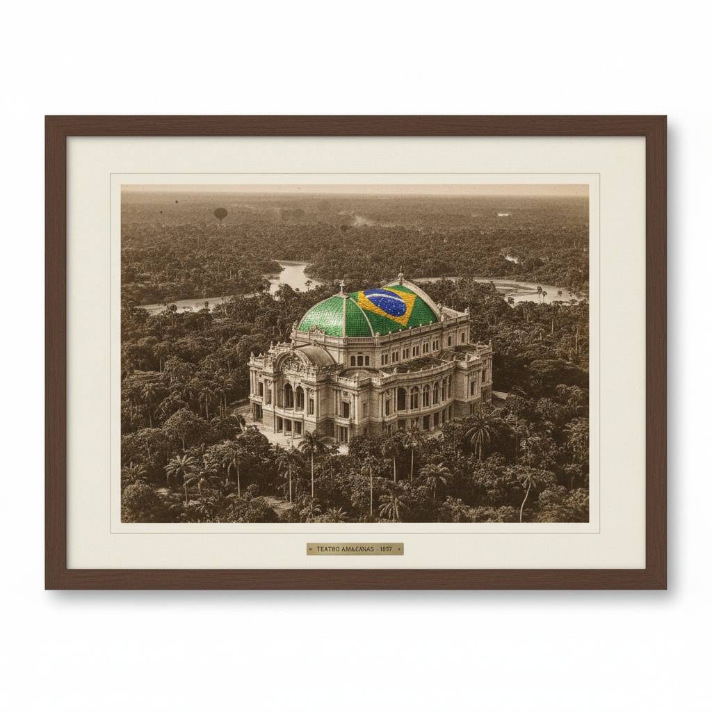 A vintage sepia photograph of the Teatro Amazonas rising above the primitive jungle canopy, its tiled dome shimmering wi