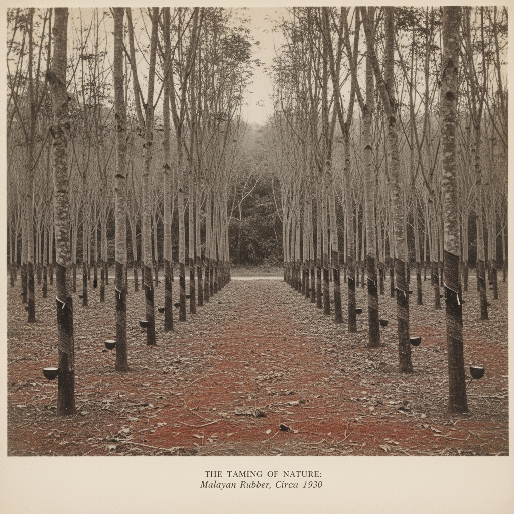Row upon row of perfectly aligned rubber trees in a Malayan plantation, their trunks marked with identical V-shaped scar