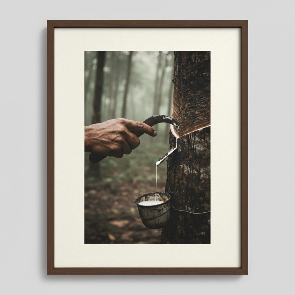 A close-up of a rubber tapper’s hand, scarred and dark, slicing a diagonal groove into a tree trunk as white latex weeps
