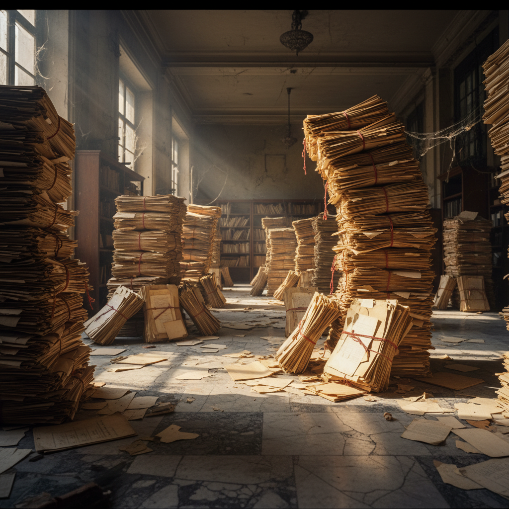A dusty, sun-drenched archive room where tall stacks of manila folders are tied with red string, some of them spilling o