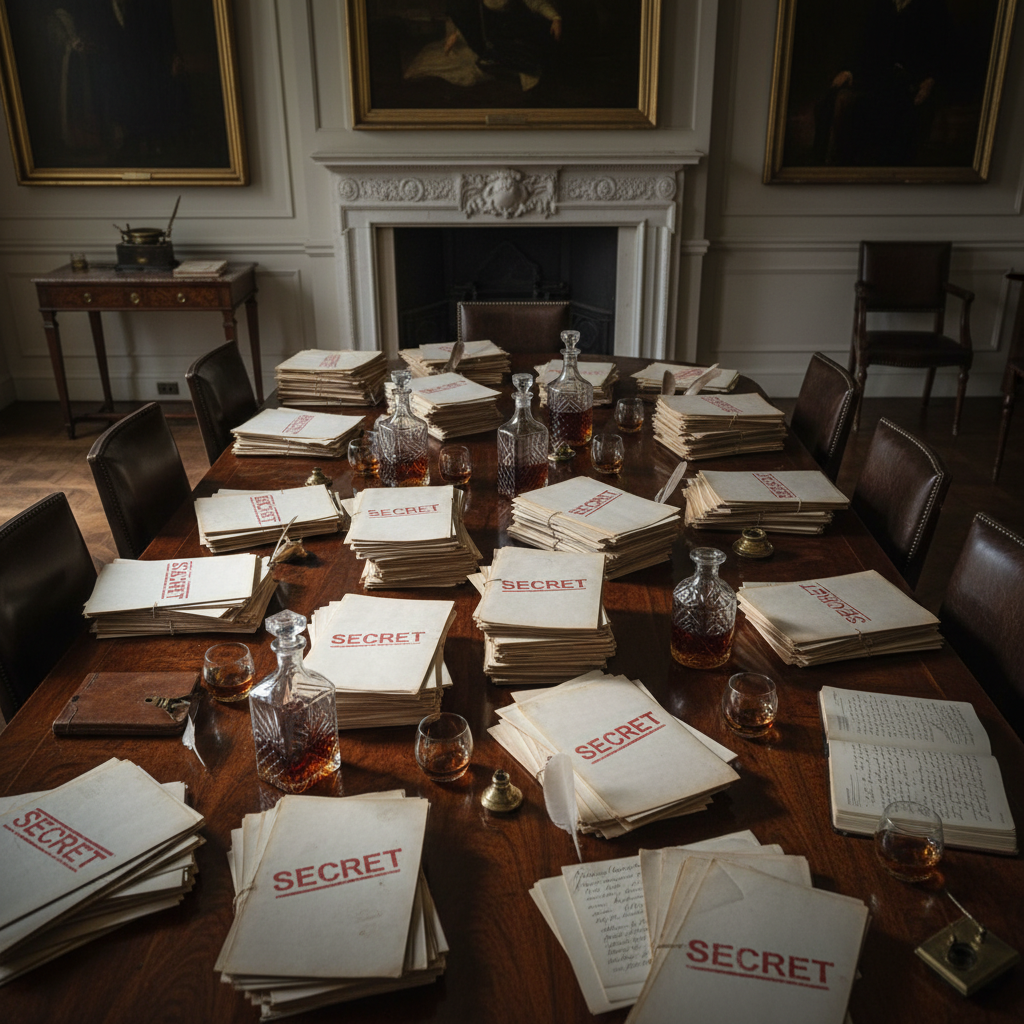 A high-angle shot of a mahogany conference table in London, cluttered with crystal decanters, half-full glasses of amber