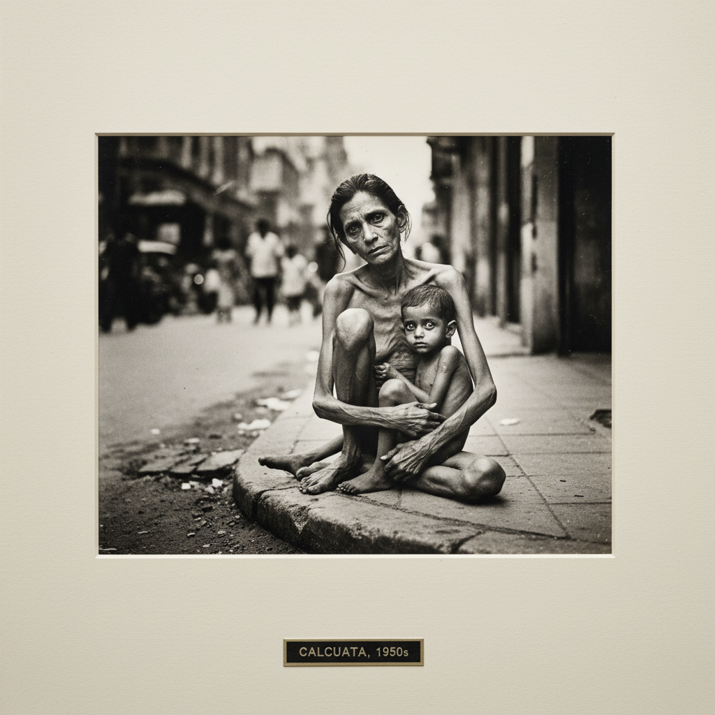 A stark black-and-white photograph of a skeletal mother sitting on a Calcutta sidewalk, her ribs visible through parchme