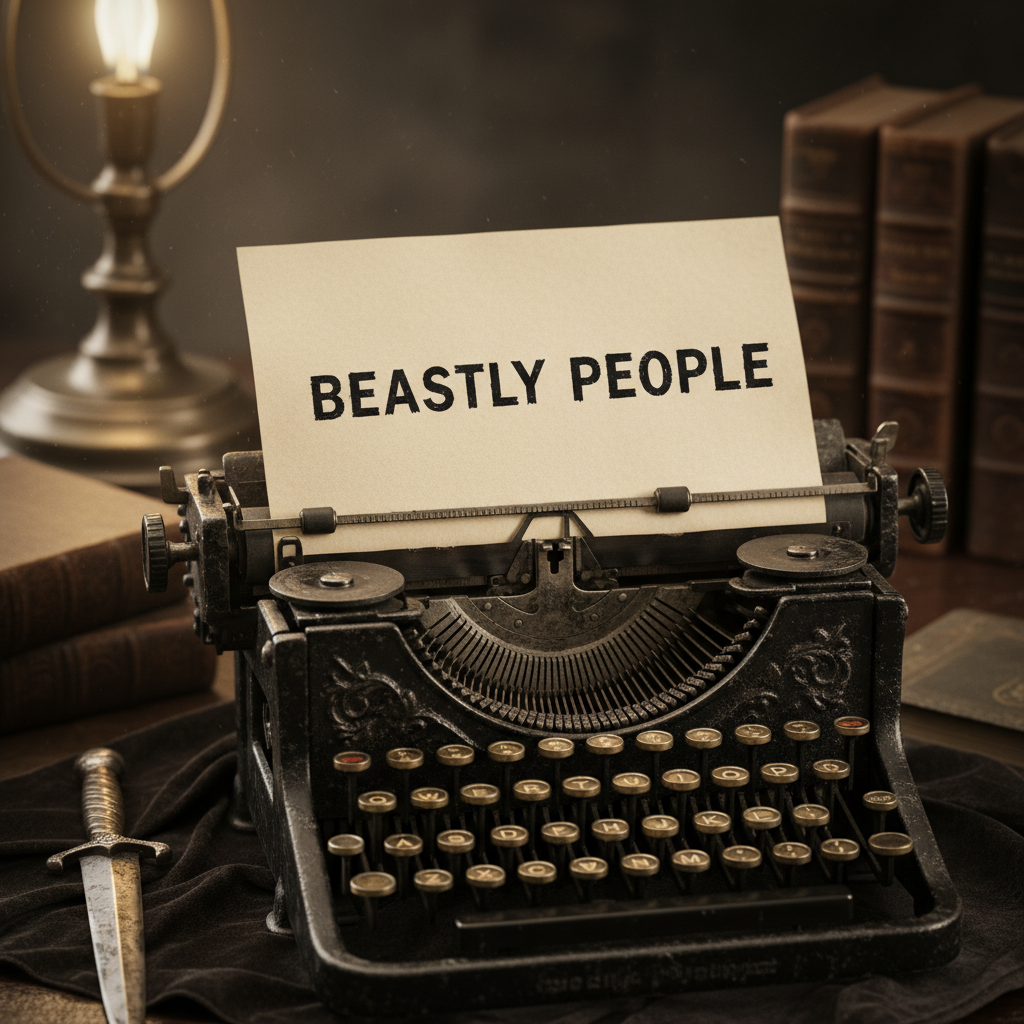 A close-up of a vintage typewriter, a sheet of paper caught in the roller, with the words 'BEASTLY PEOPLE' visible in sh