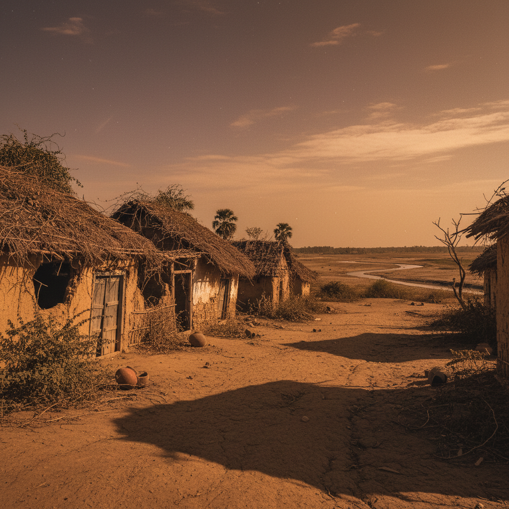 A sprawling view of a rural Bengal village, the huts abandoned and decaying, with the sun casting long, harsh shadows ov