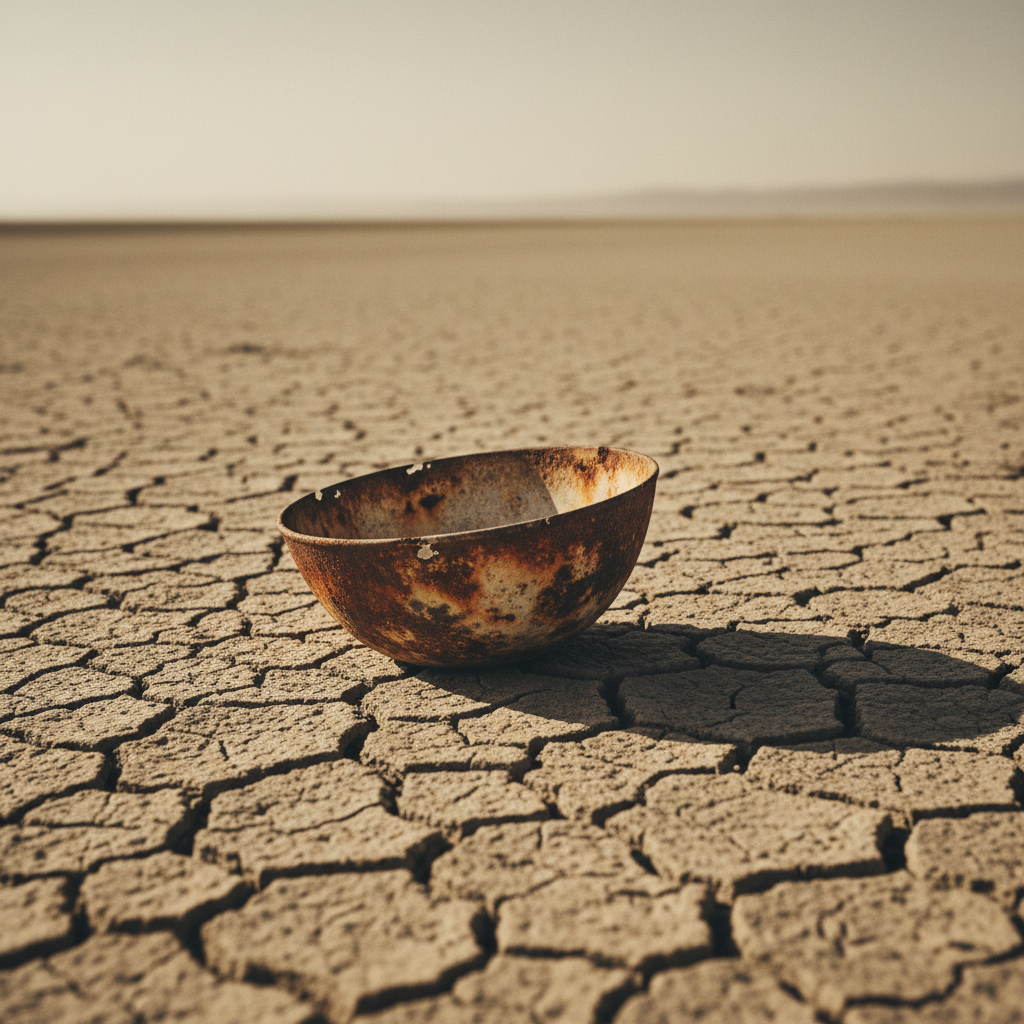 A final, haunting shot of an empty rice bowl made of rusted tin, sitting alone on a vast, sun-cracked plain of dried mud