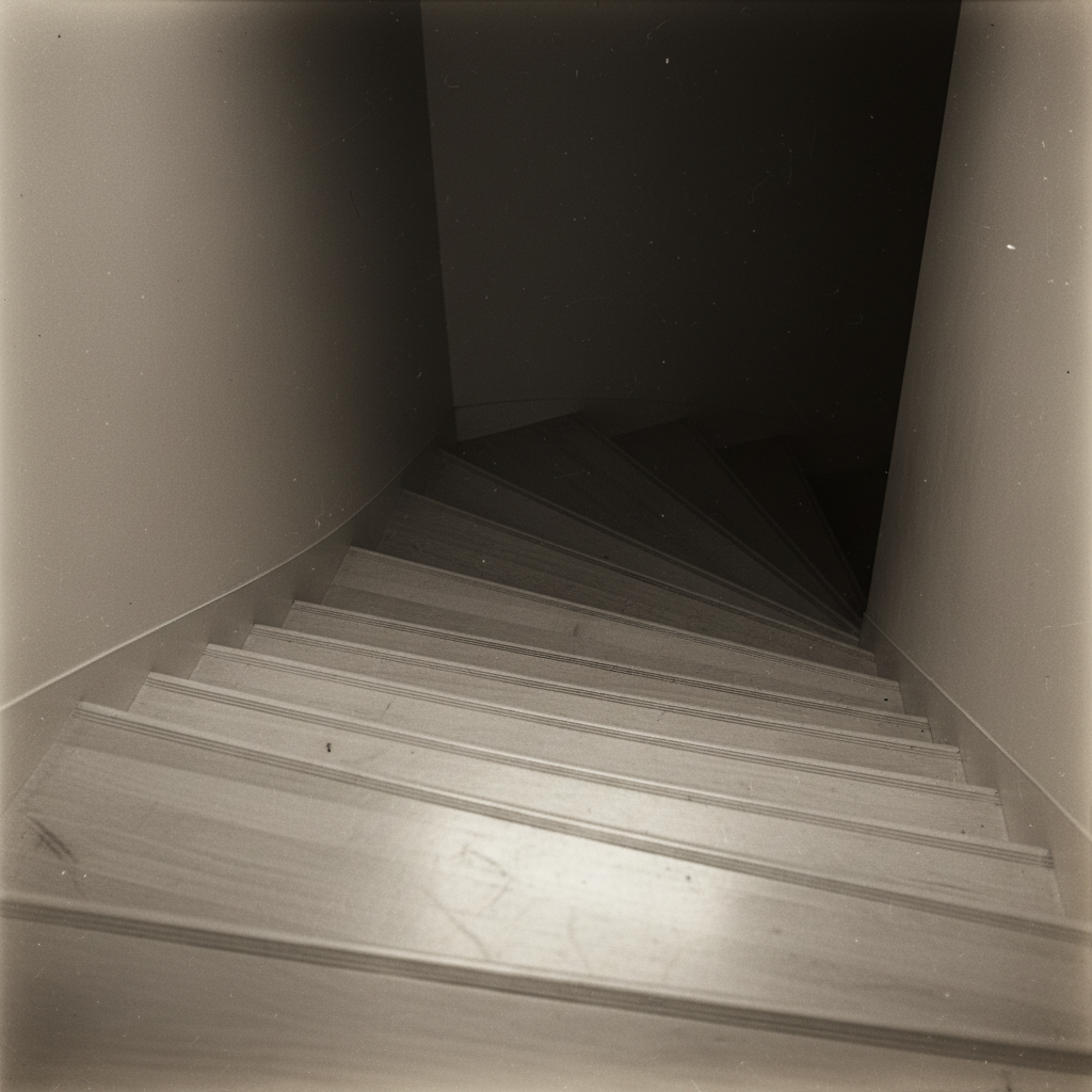 A close-up of an "Easy Riser" staircase, the steps so shallow they look like a wooden ripple, winding pointlessly toward