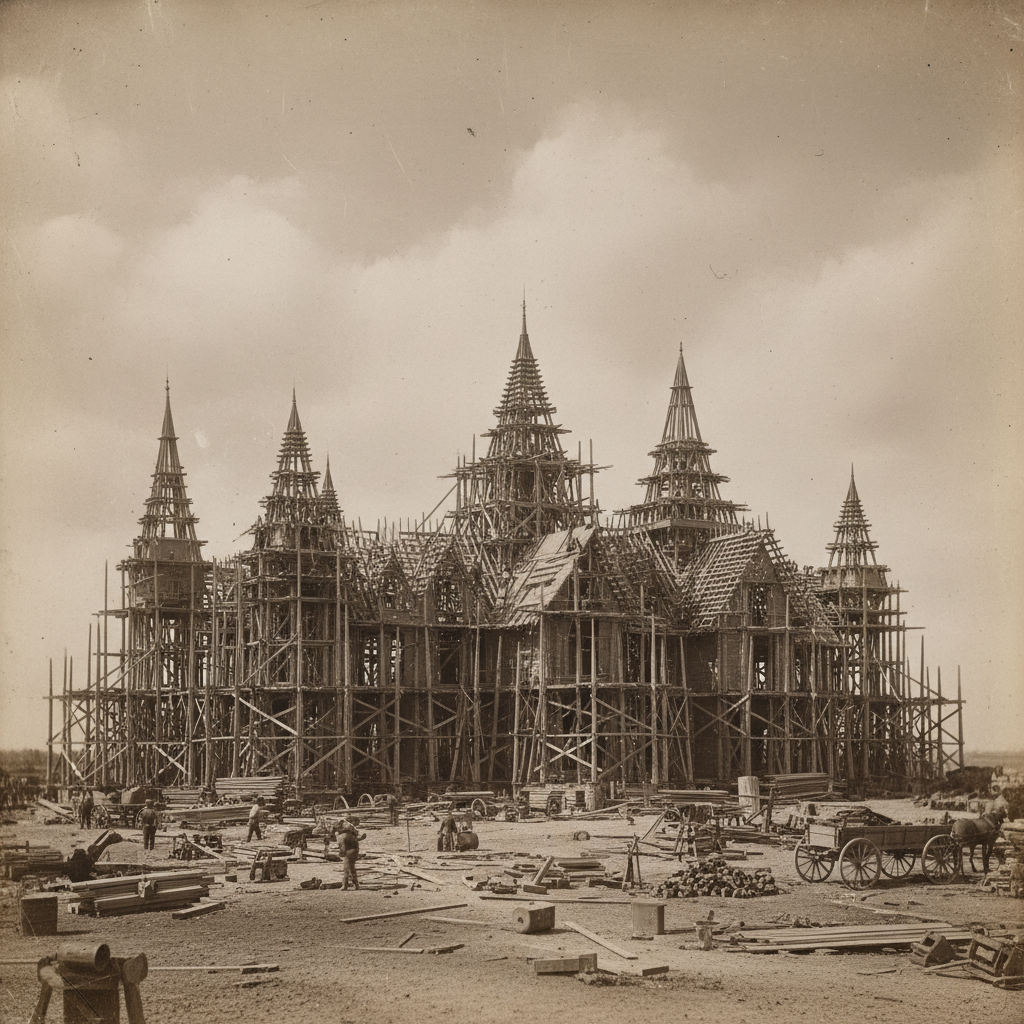 A sprawling, wide-angle shot of the Winchester estate during its peak construction in the late 1890s, a chaotic silhouet