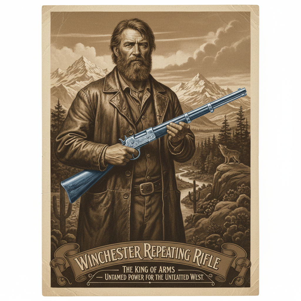An early promotional poster for the Winchester Repeating Rifle, showing a rugged frontiersman, the steel of the weapon g