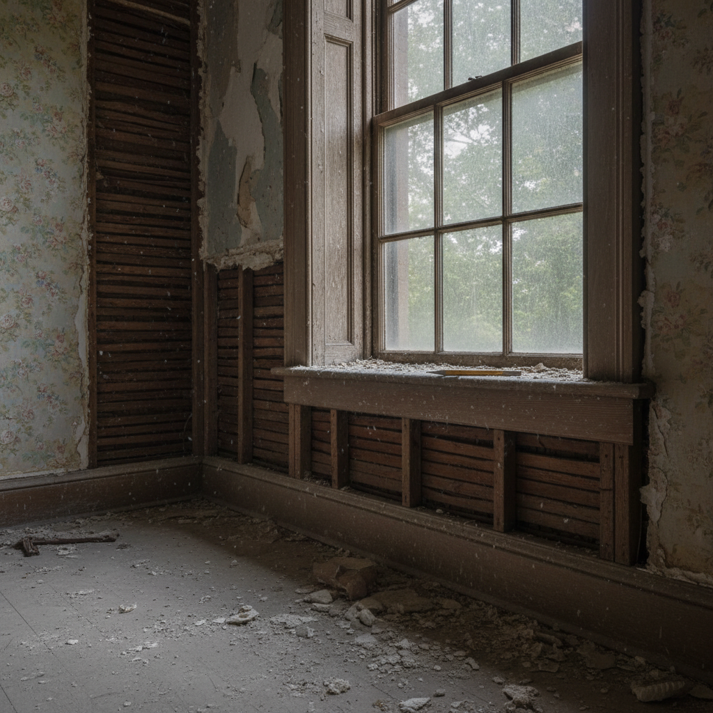 A haunting, final shot of an unfinished room in the mansion, where the lath and plaster are exposed, and a single carpen