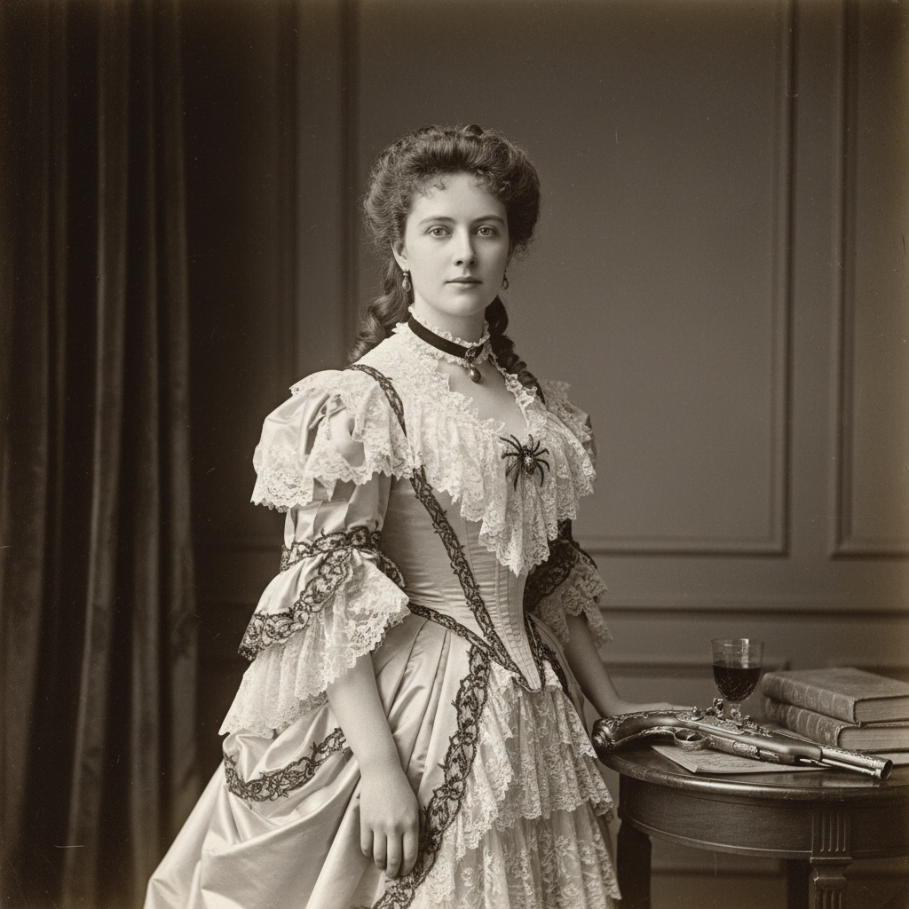A sepia-toned portrait of Sarah Winchester in her youth, the "Belle of New Haven," wearing an elaborate gown of lace and