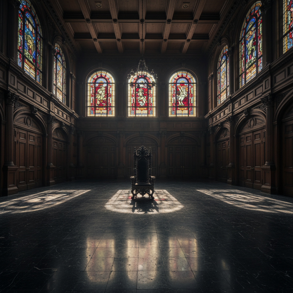 An interior shot of the "Grand Ballroom," the elaborate woodwork and stained glass casting long, distorted shadows acros