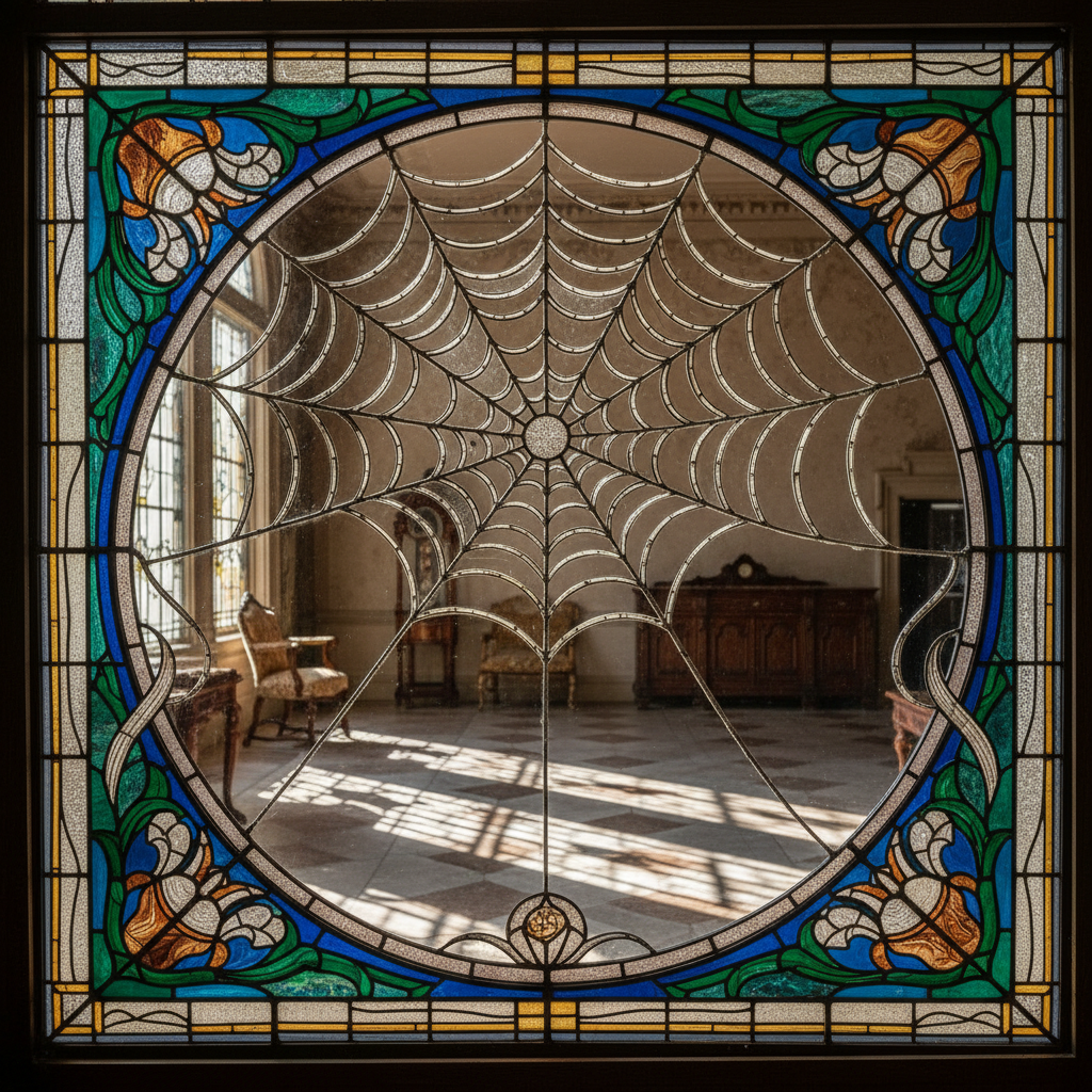 A detail of a Tiffany stained-glass window inside the mansion, where an intricate spiderweb pattern in silver and gold l