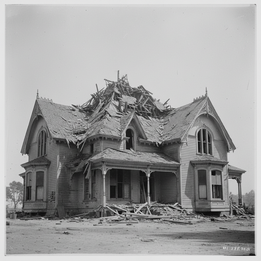 A grainy, black-and-white photograph of the Winchester house immediately following the 1906 earthquake, the once-towerin